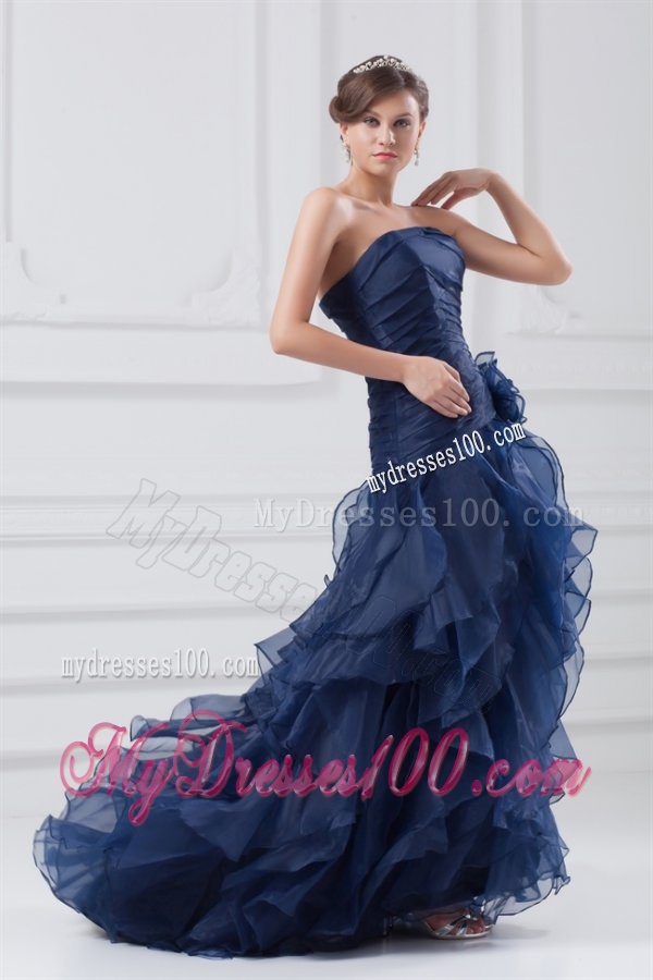 Navy Blue Strapless A-line Ruffles High-low Organza Evening Dress