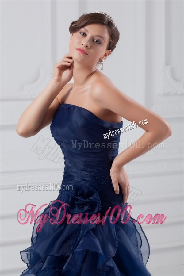 Navy Blue Strapless A-line Ruffles High-low Organza Evening Dress
