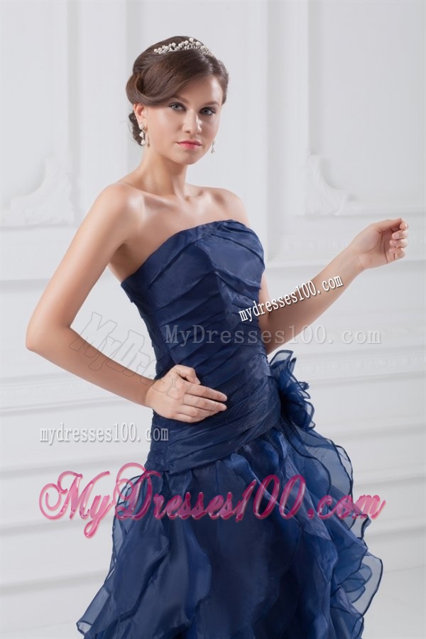 Navy Blue Strapless A-line Ruffles High-low Organza Evening Dress