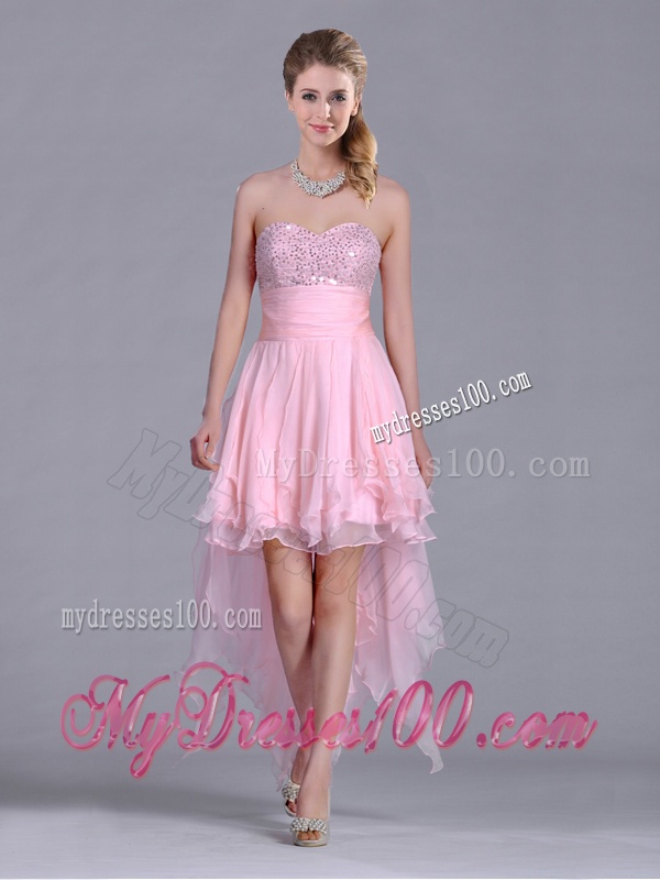 New Arrivals Beaded Bust High Low Chiffon Evening Dress in Baby Pink