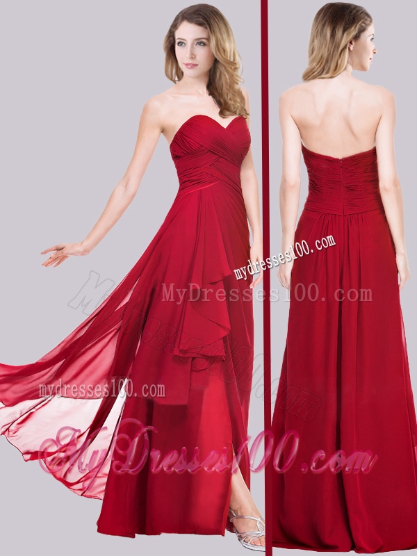 New Arrivals Empire Chiffon Red Evening Dress with High Slit