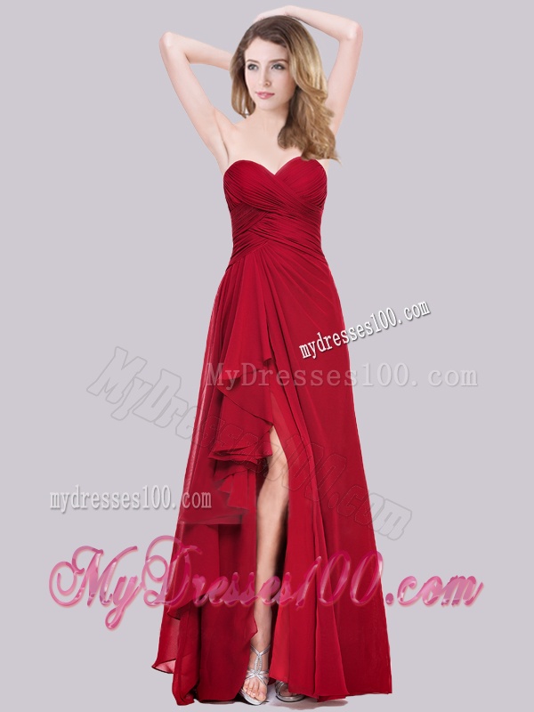 New Arrivals Empire Chiffon Red Evening Dress with High Slit