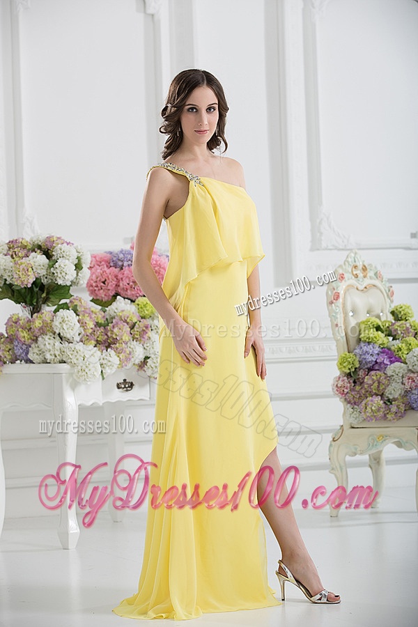 One Shoulder Column Ruching and Beading Evening Dress in Yellow