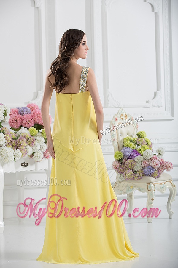 One Shoulder Column Ruching and Beading Evening Dress in Yellow