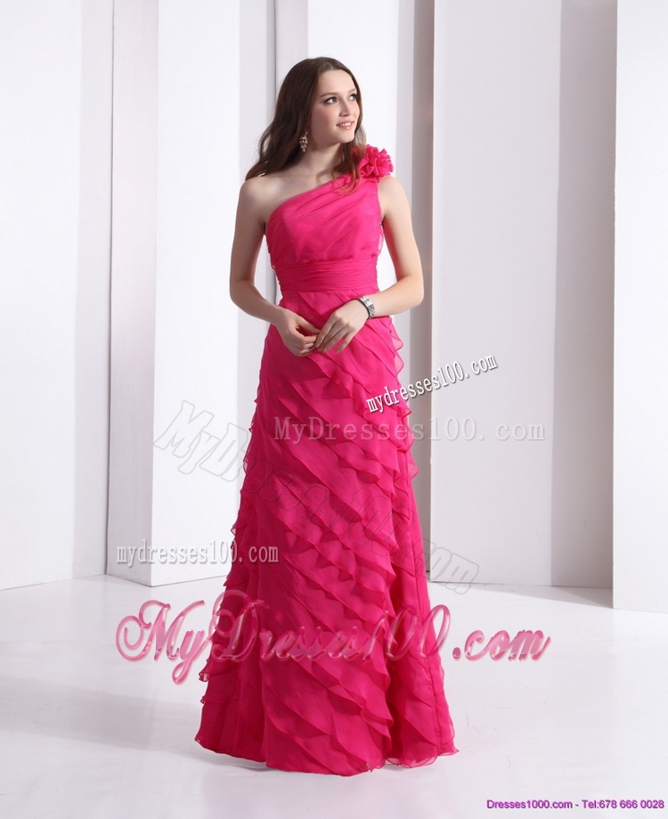 One Shoulder Evening Dresses with Ruffled Layers and Hand Made Flower