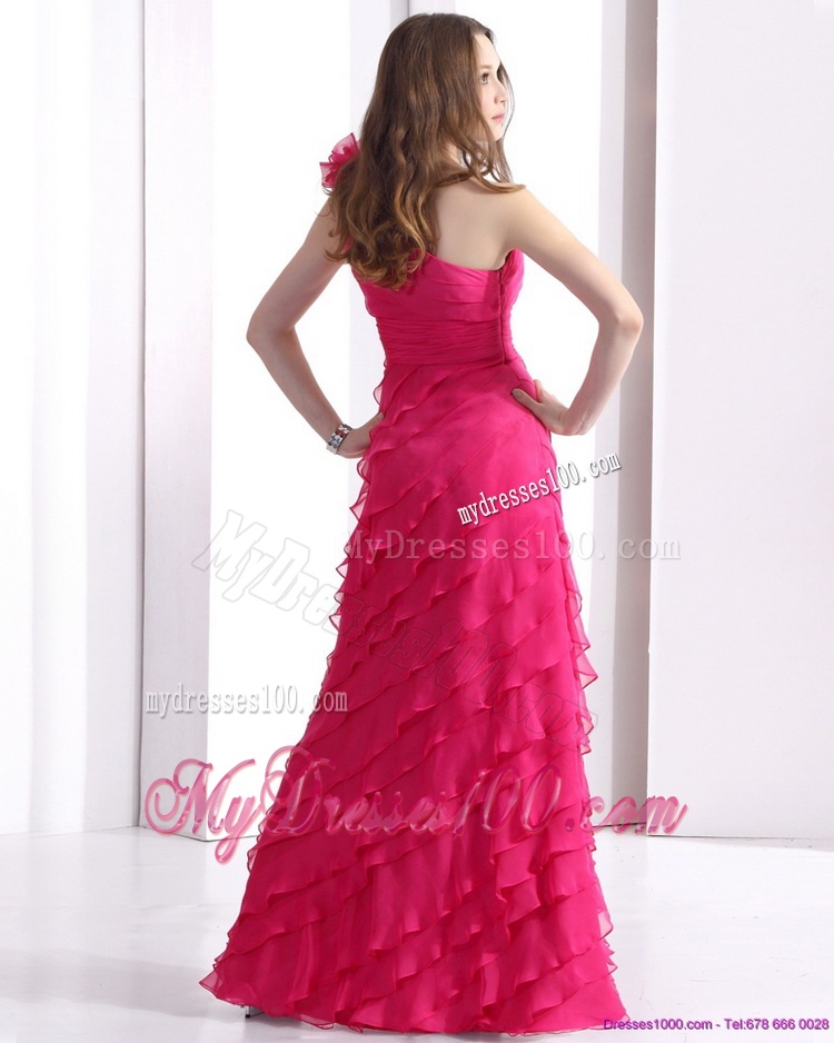 One Shoulder Evening Dresses with Ruffled Layers and Hand Made Flower