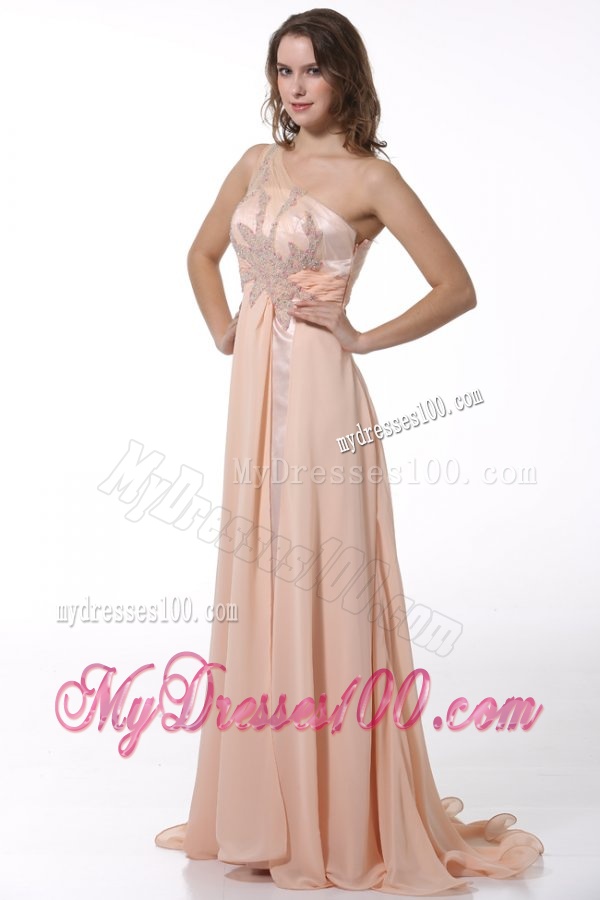 Peach Empire One Shoulder Brush Train Evening Dress with Beading