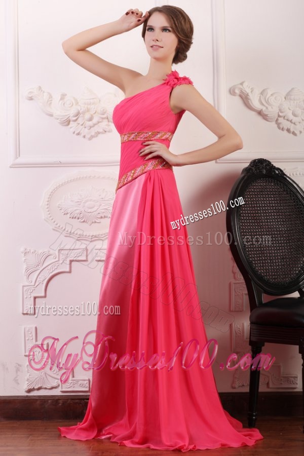 Pink Empire One Shoulder Flowers Beaded Evening Dress with Brush Train
