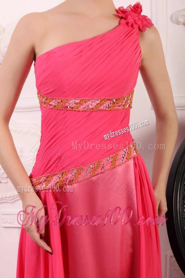 Pink Empire One Shoulder Flowers Beaded Evening Dress with Brush Train