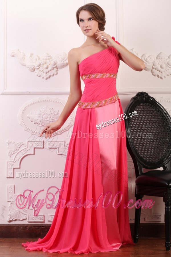Pink Empire One Shoulder Flowers Beaded Evening Dress with Brush Train