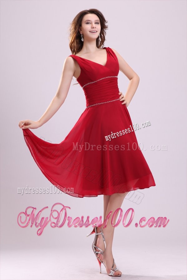Popular A-line V-neck Wine Red Evening Dress in Knee-length