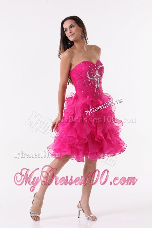Princess Hot Pink Ruffles Beading Ruching Knee-length Evening Cocktail Dress