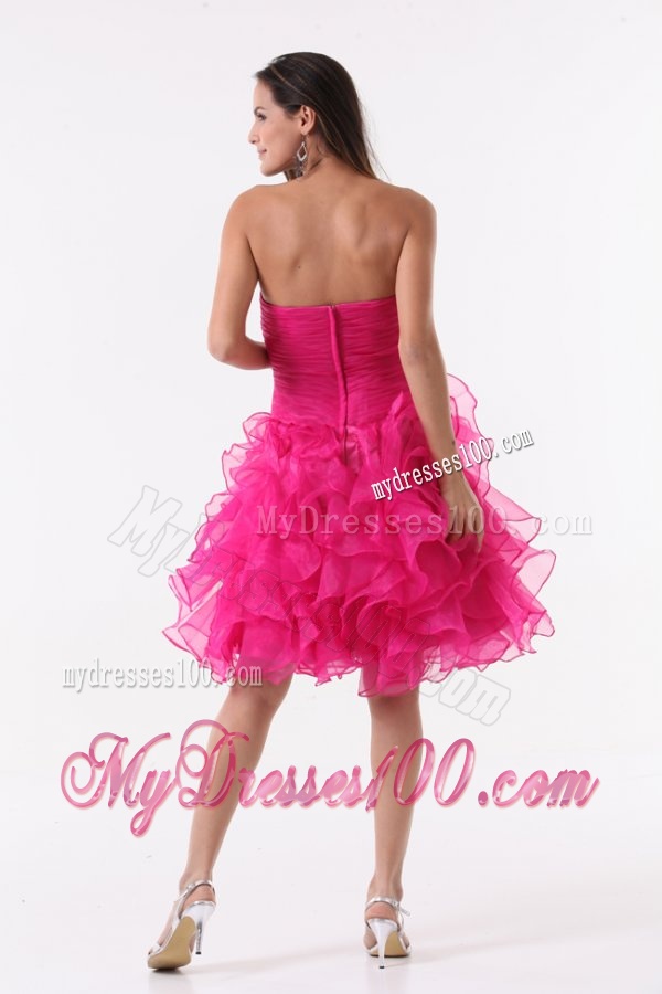 Princess Hot Pink Ruffles Beading Ruching Knee-length Evening Cocktail Dress