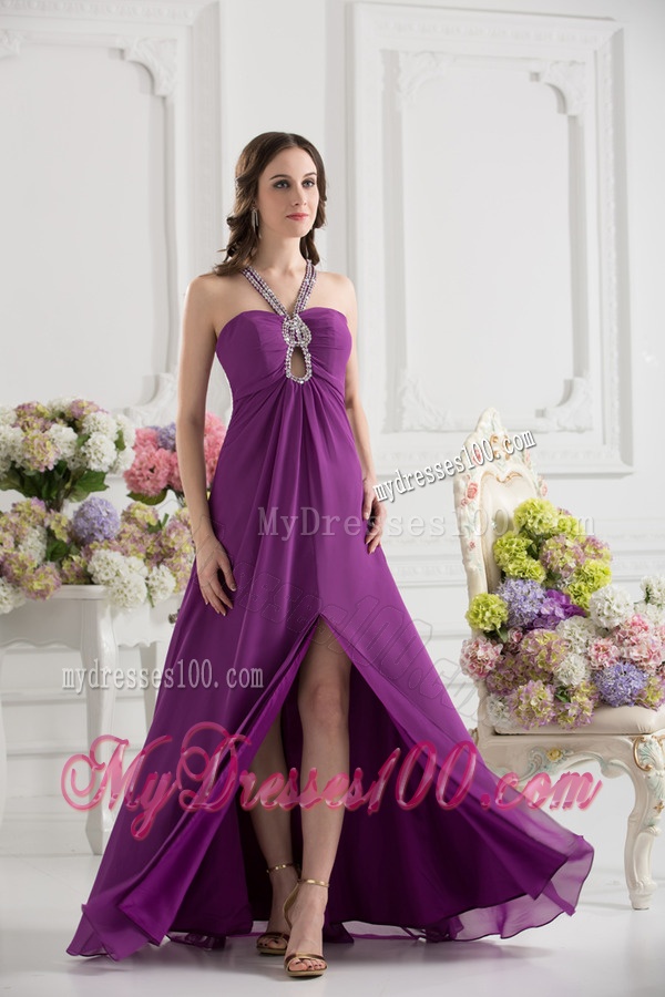 Purple Empire Halter Top Beading and Ruching Chiffon Evening Dress