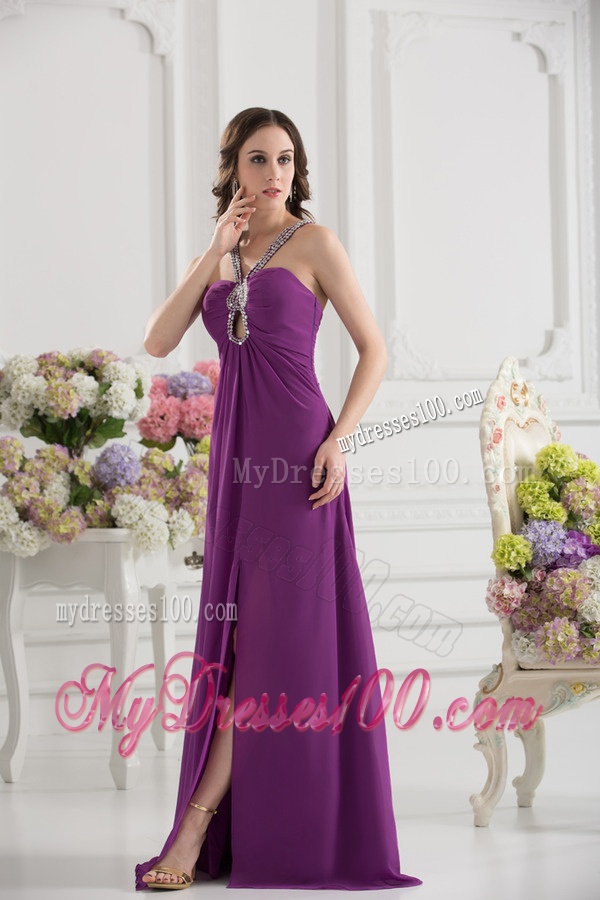 Purple Empire Halter Top Beading and Ruching Chiffon Evening Dress