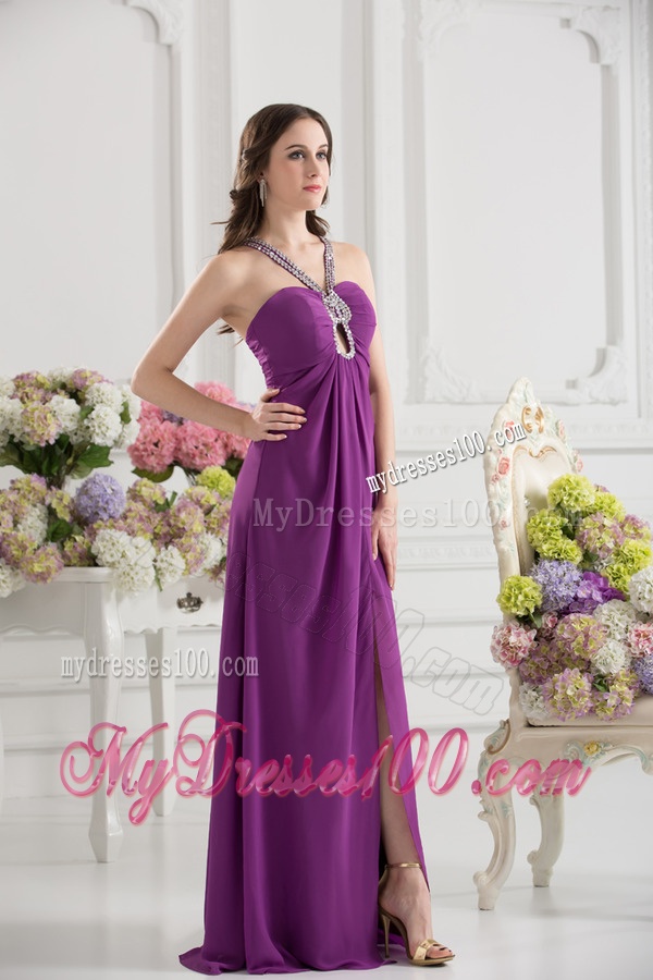 Purple Empire Halter Top Beading and Ruching Chiffon Evening Dress