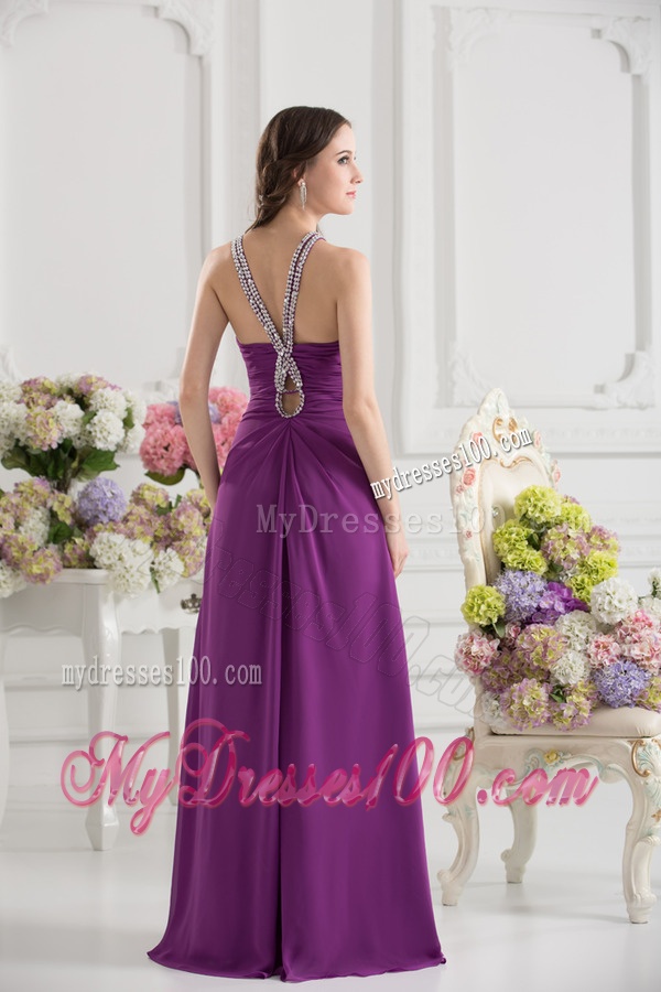 Purple Empire Halter Top Beading and Ruching Chiffon Evening Dress