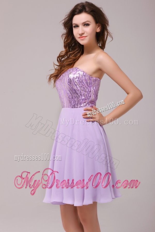 Purple Strapless Sequins Chiffon Knee-length Evening Dress