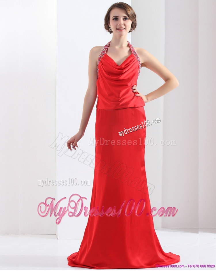 Remarkable Backless Halter Top Evening Dress in Coral Red