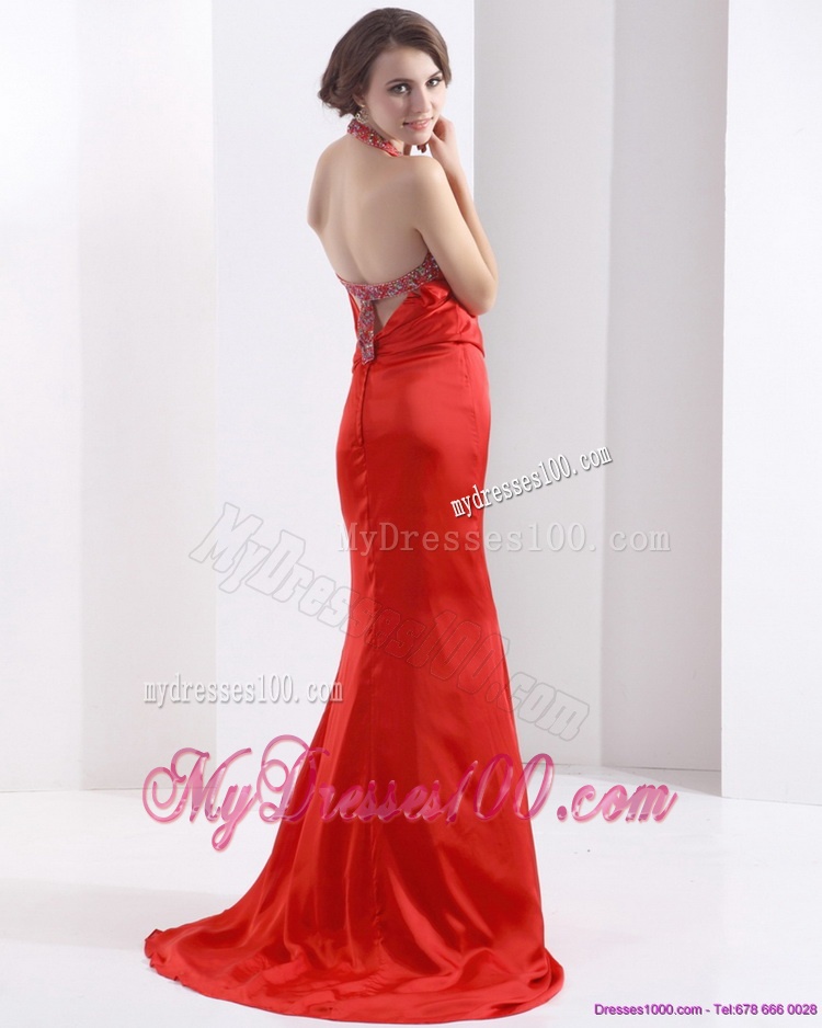 Remarkable Backless Halter Top Evening Dress in Coral Red