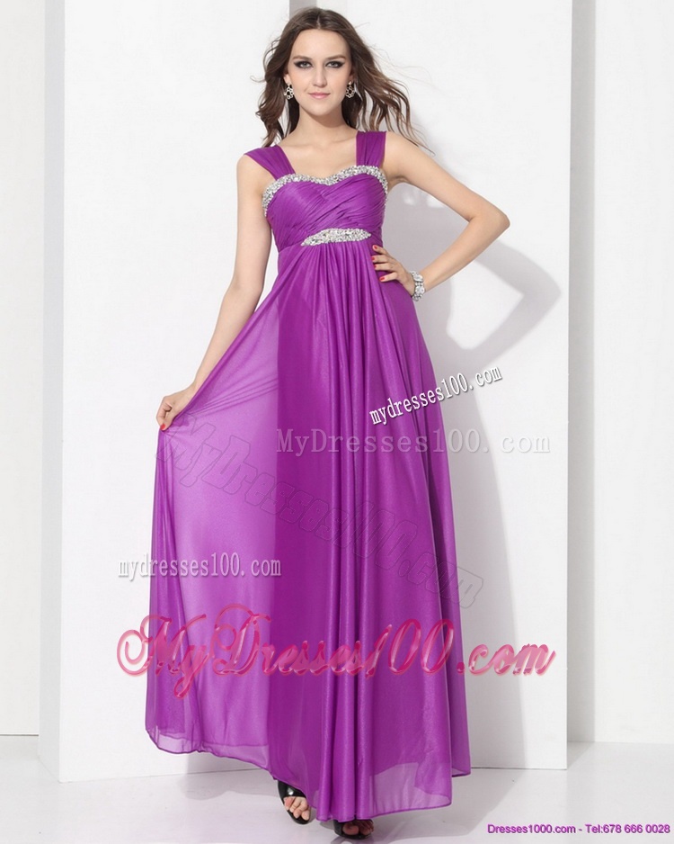 Romantic Empire Floor Length Evening Dress with Ruching and Beading