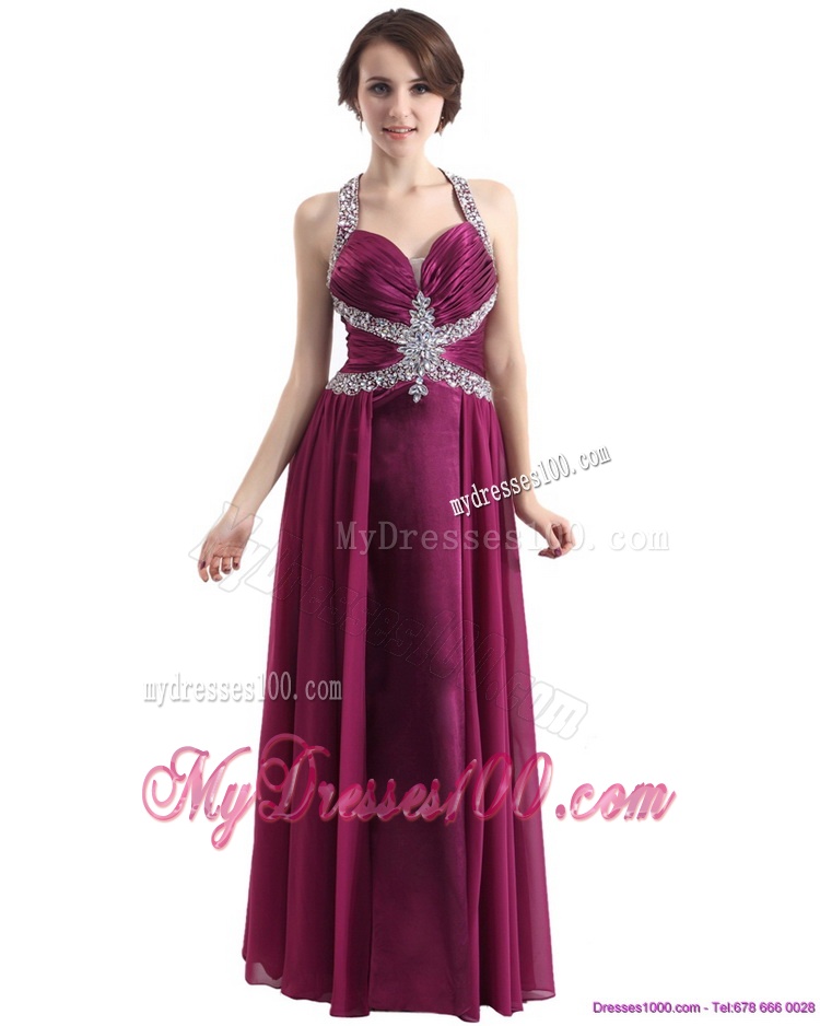 Sequins Halter Top Ruching and Beading Evening Dresses in Wine Red