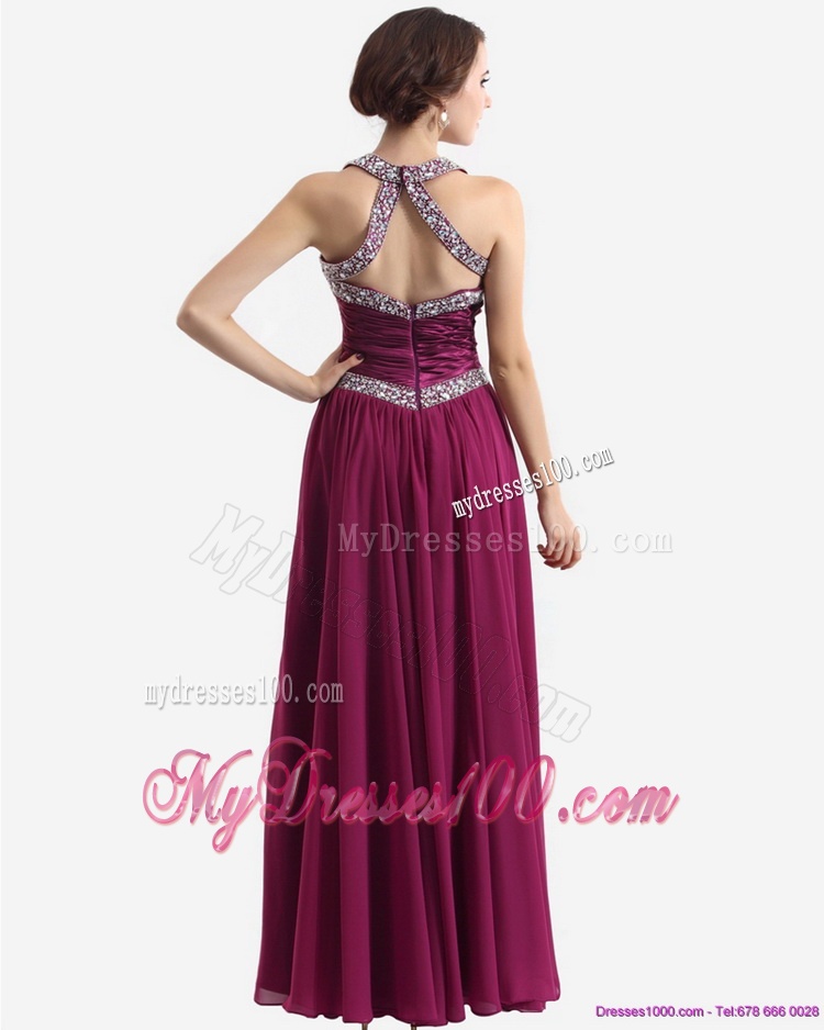 Sequins Halter Top Ruching and Beading Evening Dresses in Wine Red