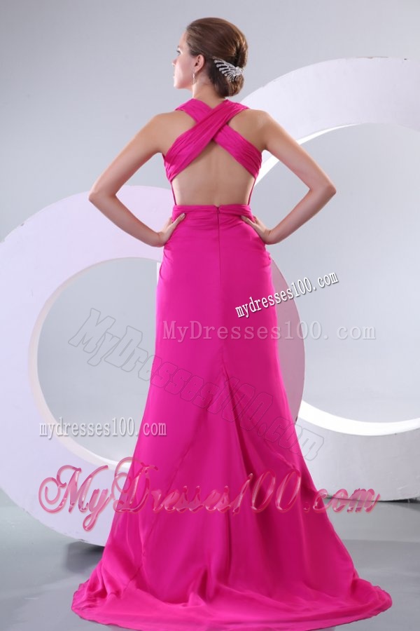 Sexy Fuchsia Column V-neck Criss-cross Evening Dress with Ruching