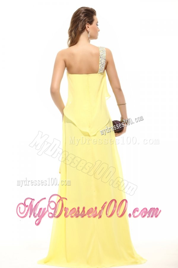 Simple Column Light Yellow One Shoulder Beading High-low Chiffon Evening Dress