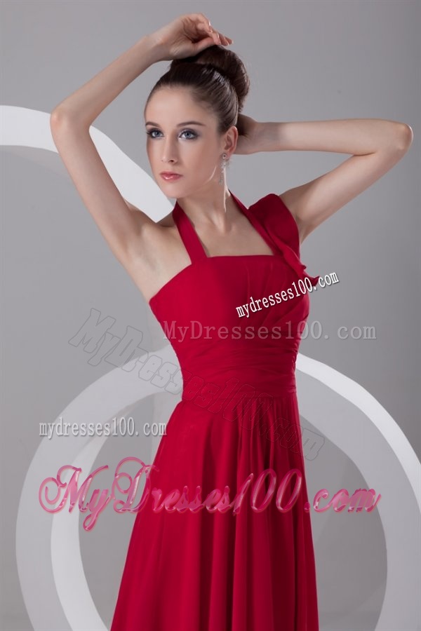 Simple Empire Halter Red Floor-length Ruching Chiffon Evening Dress