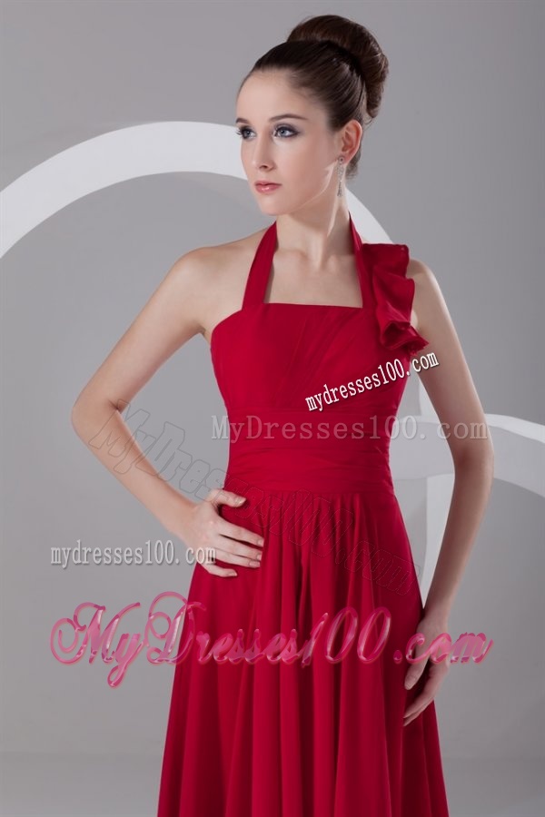 Simple Empire Halter Red Floor-length Ruching Chiffon Evening Dress