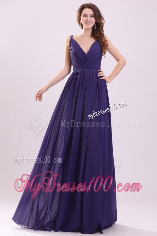 Simple Purple Empire V-neck Ruching Floor-length Chiffon Evening Dress