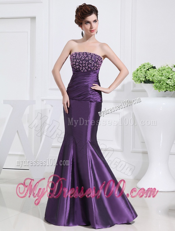 Strapless Floor-length Beading Taffeta Eggplant Purple Evening Dress