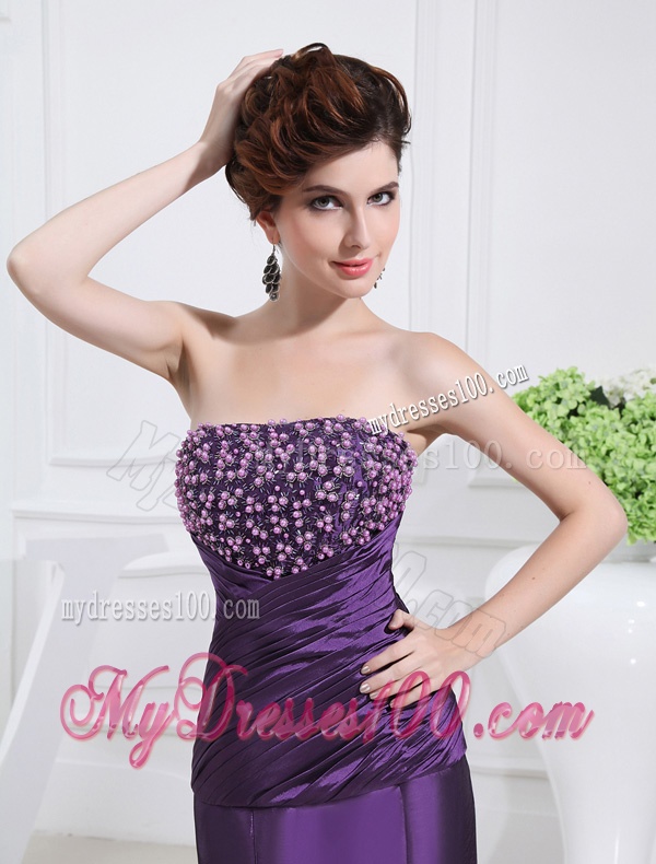 Strapless Floor-length Beading Taffeta Eggplant Purple Evening Dress
