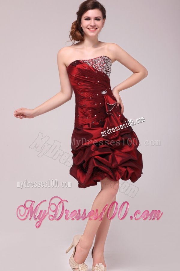 Strapless Knee-length Burgundy Evening Dress with Pick-ups and Beading
