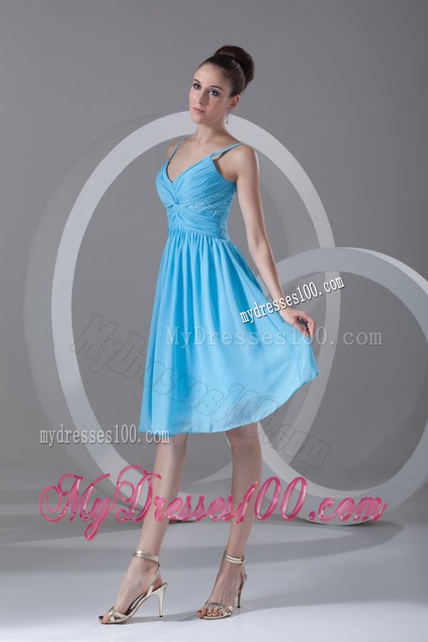 Taffeta A-line Straps Aqua Blue Beading Knee-length Evening Dress