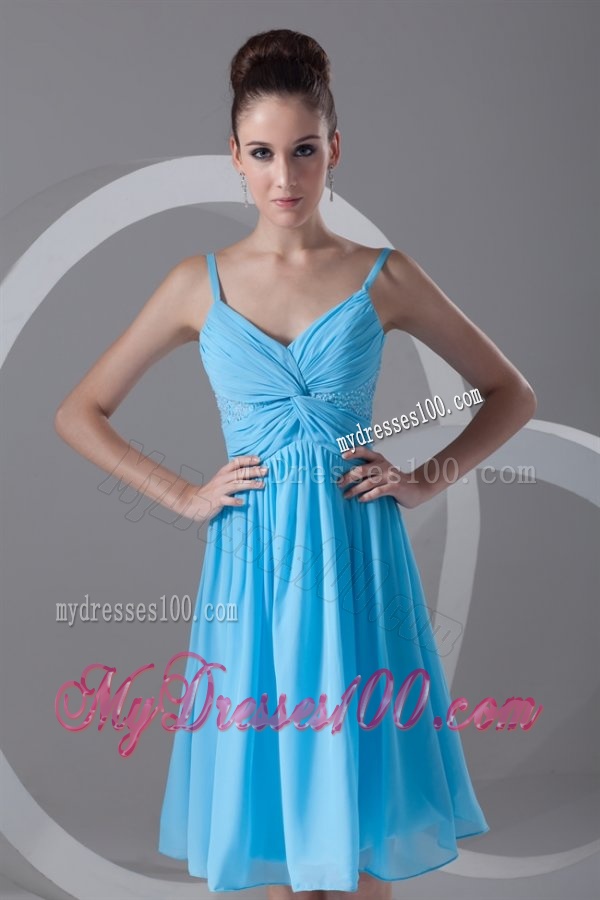 Taffeta A-line Straps Aqua Blue Beading Knee-length Evening Dress