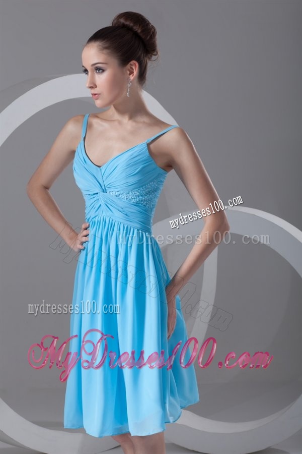 Taffeta A-line Straps Aqua Blue Beading Knee-length Evening Dress