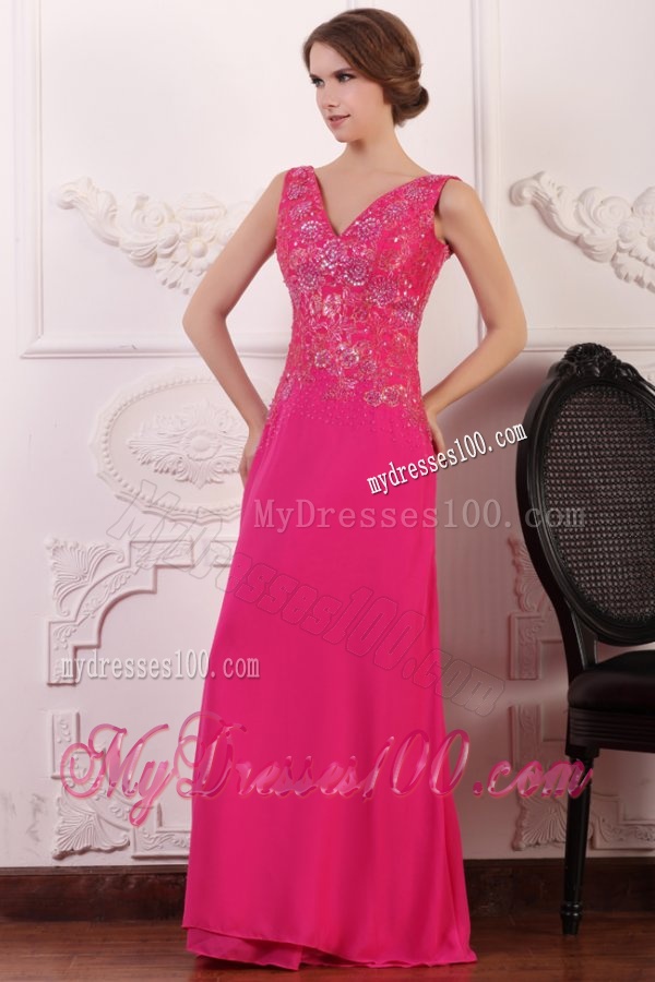 V-neck Empire Chiffon Appliques with Beading Evening Dress in Hot Pink