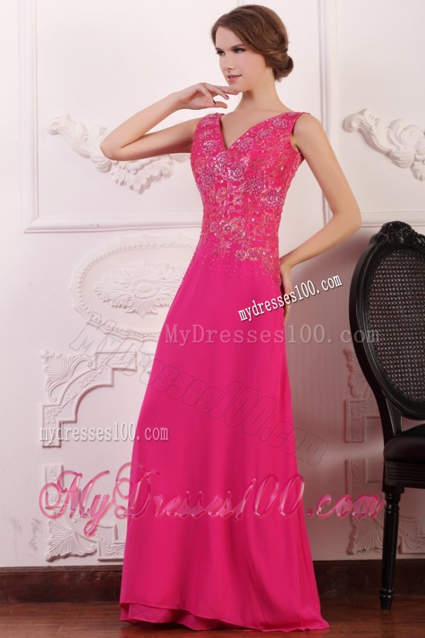 V-neck Empire Chiffon Appliques with Beading Evening Dress in Hot Pink