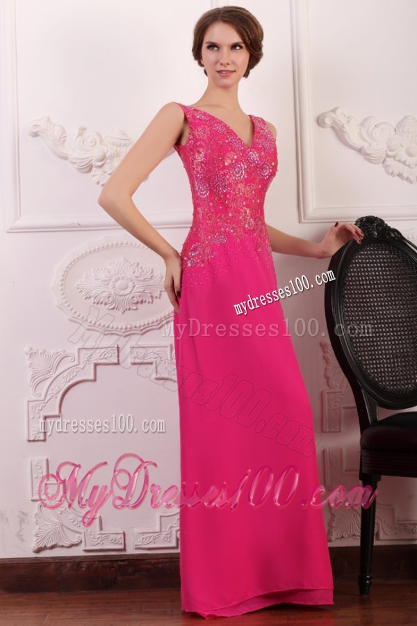 V-neck Empire Chiffon Appliques with Beading Evening Dress in Hot Pink