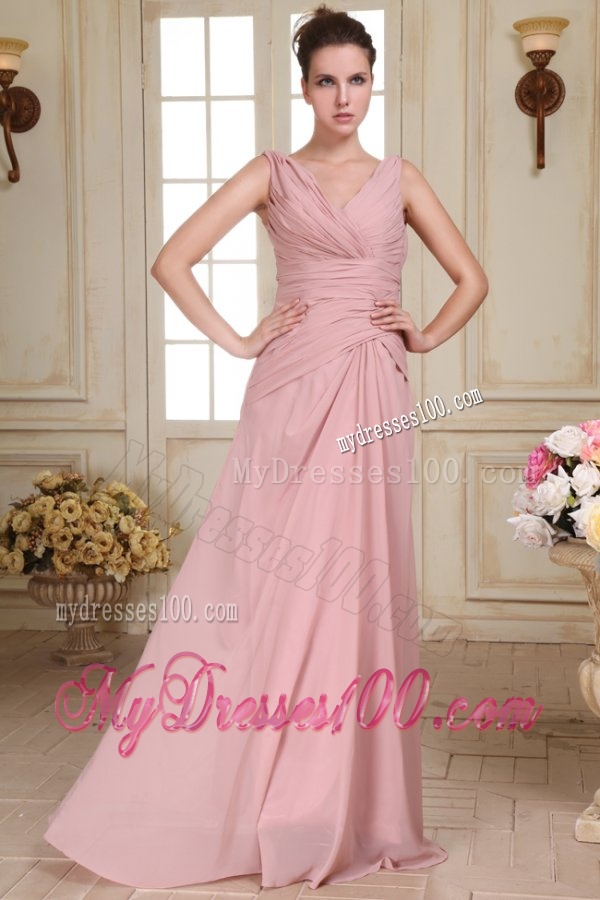 V-neck Floor-length Ruche Decorate Empire Chiffon Evening Dress