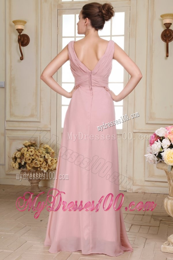 V-neck Floor-length Ruche Decorate Empire Chiffon Evening Dress