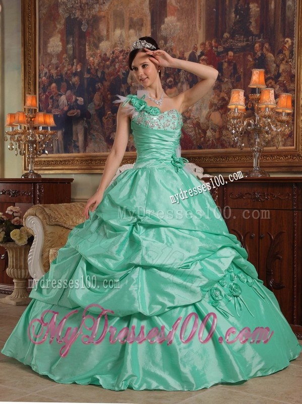 Spring Green One Shoulder Pick-ups Quinceanera Dress with Hand Made Flowers
