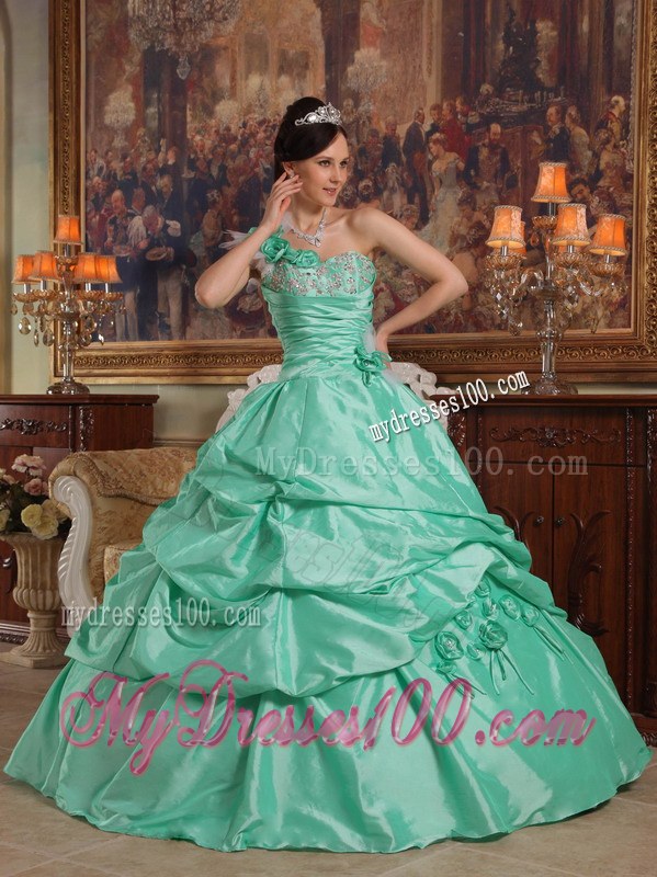 Spring Green One Shoulder Pick-ups Quinceanera Dress with Hand Made Flowers