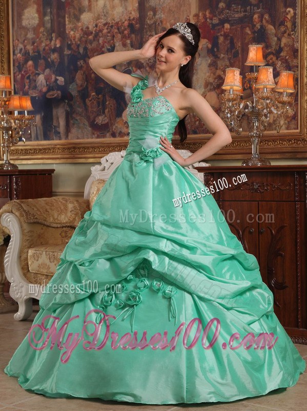 Spring Green One Shoulder Pick-ups Quinceanera Dress with Hand Made Flowers