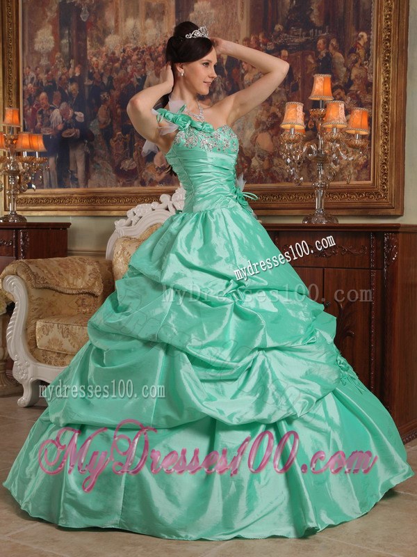 Spring Green One Shoulder Pick-ups Quinceanera Dress with Hand Made Flowers