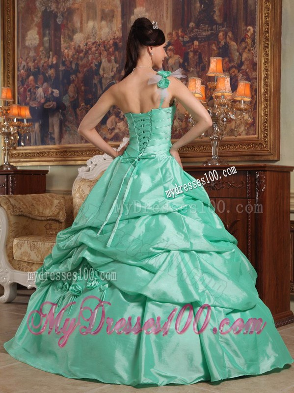 Spring Green One Shoulder Pick-ups Quinceanera Dress with Hand Made Flowers