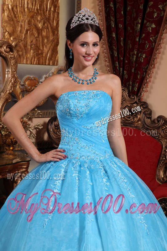 Appliques Aqua Blue Quinceaneras Dress with Sheer Organza