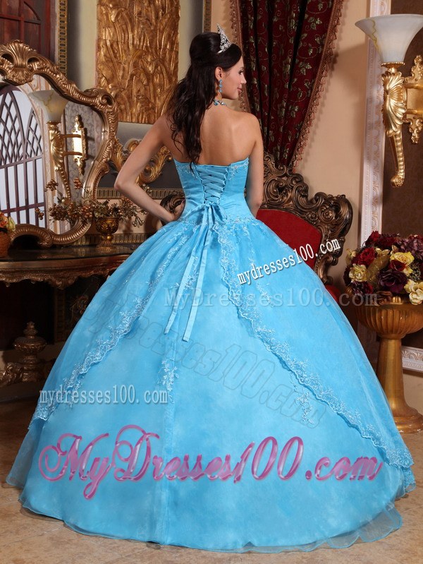 Appliques Aqua Blue Quinceaneras Dress with Sheer Organza